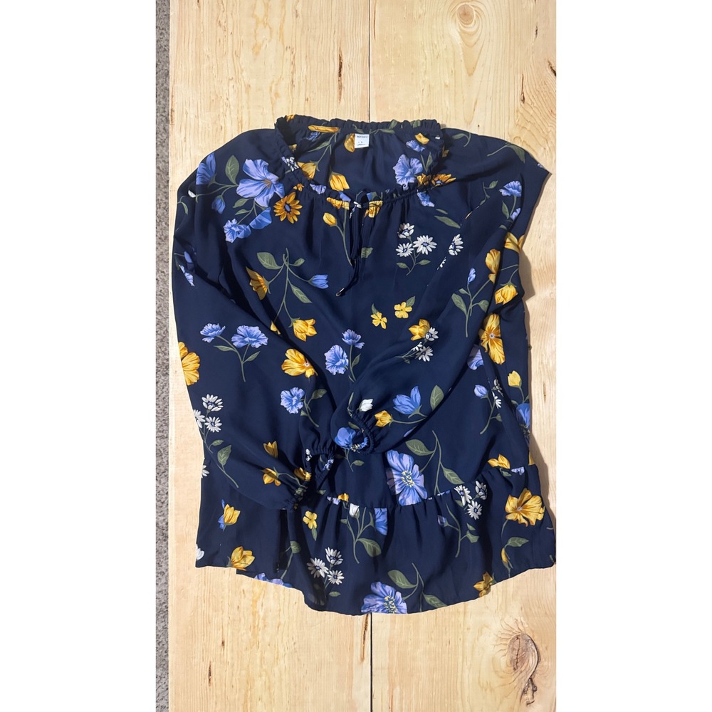 Old Navy Women Navy Blue‎ Floral Ruffle Tie Neck Peplum Long Sleeve Blouse Large
